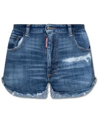DSquared² - Korte Broeken ,Blauw ,Katoen Shorts Met Hoge Taille - Lyst