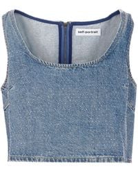 Self-Portrait - Tops ,Blauw ,Denim Rhinestone Denim Crop Top - Lyst