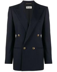 Saint Laurent Long Double-breasted Gabardine Jacket - Blauw