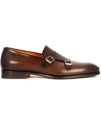 Santoni - Bruin Leren Dubbele Gesp Platte Schoenen - Lyst