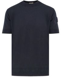 Moncler - Blauwe Trui Geribbeld Korte Mouw Zijde Katoen - Lyst