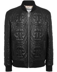 Philipp Plein - Jassen ,Zwart ,Leer Embossed Leather Bomber Monogram - Lyst