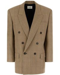 Saint Laurent - Jassen ,Bruin ,Wol Wollen Double-Breasted Blazer Met Ruitpatroon - Lyst