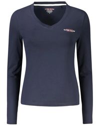 Guess - Blaues Baumwoll Damen T-Shirt Mit V-Ausschnitt - Lyst