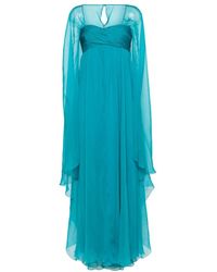 Alberta Ferretti - Abito in chiffon di seta turchese con stola alle spalle - Lyst