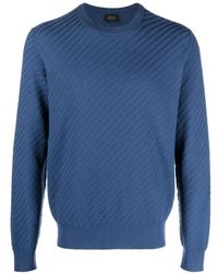 Brioni - Truien & Vesten ,Blauw ,Katoen Trui Met Structuur En Geribbelde Boorden - Lyst