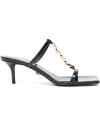 Versace - Zwarte Leren Sandalen Met Middelhoge Hak - Lyst