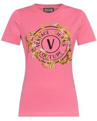 Versace Jeans Couture - Tops ,Roze ,Katoen T-Shirt Met Print En Glinsterende Applicaties - Lyst