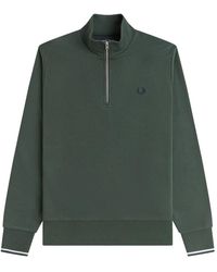 Fred Perry - Hoodies & Sweatvesten ,Groen ,Katoen Sweatshirt Met Halve Rits - Lyst