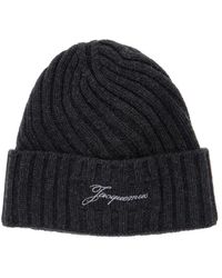 Jacquemus - Accessoires ,Grijs ,Wol Grijze Beanie Met Logobedrukking - Lyst