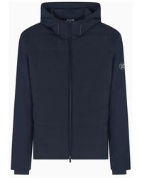EA7 - Jassen ,Blauw ,Polyester Blauwe Bomberjack Met Trekkoordcapuchon - Lyst