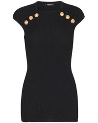 Balmain - Truien & Vesten ,Zwart ,Leer Gebreide Top Met 6 Knopen - Lyst