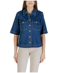 ONLY - Overhemden ,Blauw ,Katoen Blauw Katoenen Ronde Hals Shirt - Lyst