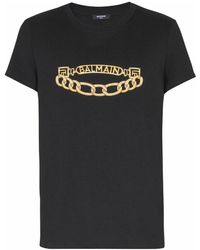 Balmain - Tops ,Zwart ,Katoen Logo Bedrukt T-Shirt Met Kettingen - Lyst
