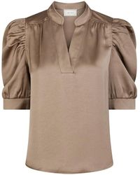 Neo Noir - Overhemden ,Bruin ,Polyester Sateen Blouse Met Pofmouwen - Lyst
