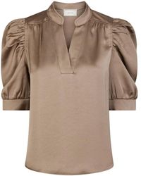 Neo Noir - Overhemden ,Bruin ,Polyester Sateen Blouse Met Pofmouwen - Lyst