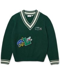 Lacoste - Holiday Striped V-neck Sweater Comic Book Effect Badge Xs - Lyst