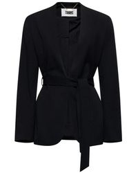 Silvian Heach - Jassen ,Zwart ,Polyester Blazer Met Geknoopte Riem En Sjaalkraag - Lyst
