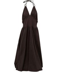 Bottega Veneta - Braunes Baumwoll Midi Kleid Mit Gürtel - Lyst