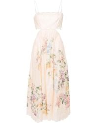 Zimmermann - Kleedjes ,Veelkleurig ,Linnen Witte Bloemen Midi Linnen Jurk - Lyst