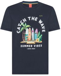 Sun 68 - Tops ,Blauw ,Katoen T-Shirt Met Korte Mouwen En Groot Logo - Lyst