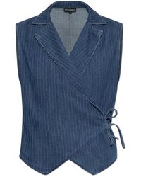 Emporio Armani - Jassen ,Blauw ,Denim Gestreepte Denim Wikkelvest Met Revers En Strik Aan De Zijkant - Lyst