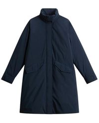 Woolrich - Jassen ,Blauw ,Lange Cloud Jas Met Opvouwbare Capuchon - Lyst