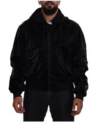 Dolce & Gabbana - Hoodies & Sweatvesten ,Zwart ,Katoen Zwarte Hooded Bomberjack - Lyst