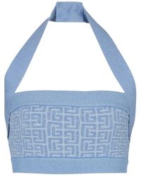 Balmain - Tops ,Blauw ,Polyester Gebreide Haltertop Met Pb Labyrinth Monogram - Lyst