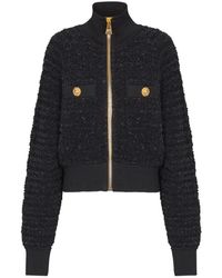 Balmain - Hoodies & Sweatvesten ,Zwart ,Textured Zip-Up Bomberjack - Lyst