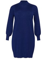 Kaffe - Blauwe Gebreide Jurk Met Pofmouwen - Lyst