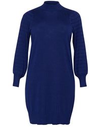 Kaffe - Blauwe Gebreide Jurk Met Pofmouwen - Lyst