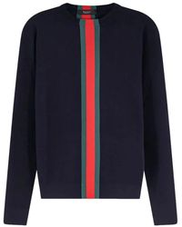 Gucci - Truien & Vesten ,Blauw ,Katoen Web Detail Katoenen T-Shirt - Lyst