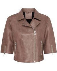 Notyz - Jassen ,Bruin ,Leer Diep Taupe Geknipt Jack Met Glanzend Zilveren Acc - Lyst