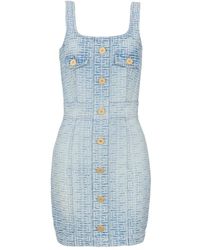 Balmain - Kleedjes ,Blauw ,Denim Monogram Short Denim Jurk - Lyst