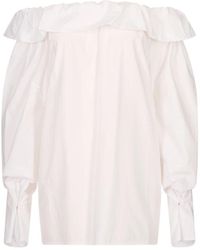 MSGM - Overhemden ,Wit ,Katoen Cotton Poplin Ruffle Blouse - Lyst