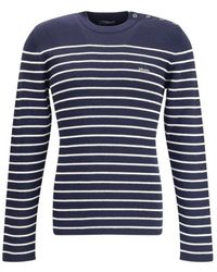 Prada - Truien & Vesten ,Blauw ,Wol Gestreepte Wollen Trui Met Ronde Hals En Signatuur - Lyst