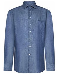 Etro - Overhemden ,Blauw ,Linnen Linnen Overhemd Met Pegaso - Lyst