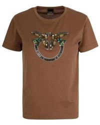Pinko - Tops ,Bruin ,Katoen T-Shirt Met Ronde Hals - Lyst