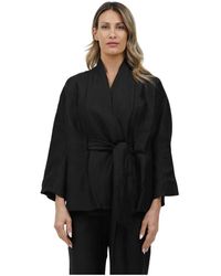 Alpha Studio - Truien & Vesten ,Zwart ,Linnen Linnen Kimono Cardigan Met Ceintuur - Lyst