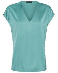 Elena Miro - Overhemden ,Blauw ,Satijn Blouse Van Satijn Met V-Hals En Korte Mouwen - Lyst