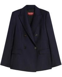 Max Mara - Blauwe Dubbelrijige Wollen Flanellen Blazer - Lyst