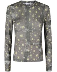 Ganni - Tops ,Groen ,Leer Printed Marl Mesh Top Met Lange Mouwen - Lyst