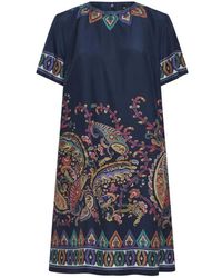 Etro - Kleedjes ,Blauw ,Zijden Mini Tuniek Jurk Met Geplaatste Bloem Paisley Print - Lyst