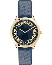 Versace - Blau leder logo halo quarz uhr - Lyst