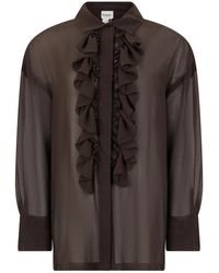 P.A.R.O.S.H. - P.A.R.O..H. ,Overhemden ,Bruin ,Zijden Sheer Blouse Met Ruches Aan De Voorkant - Lyst