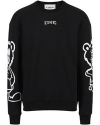 Iceberg - Hoodies & Sweatvesten ,Zwart ,Katoen Regular Fit Zwarte Crewneck Sweatshirt Met Beerprint En Logoborduursel - Lyst