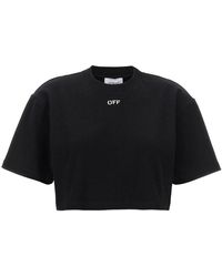 Off-White c/o Virgil Abloh - Tops ,Zwart ,Katoen Off Stamp Rib Rib T-Shirt Met Cropped Pasvorm - Lyst