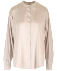 forte_forte - Stretch Heavy Satin Silk Blouse Met Kraag - Lyst