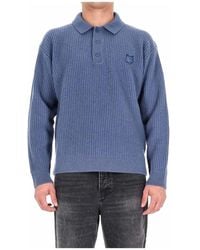 Maison Kitsuné - Truien & Vesten ,Blauw ,Wol Fox Head Wool Ribbed Polo Jumper - Lyst